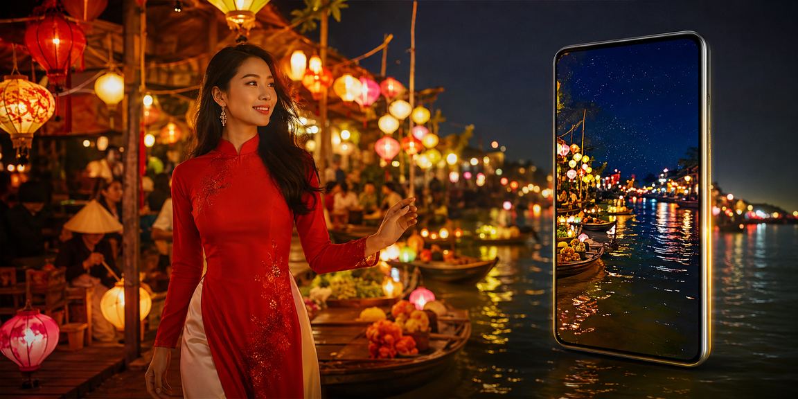 Người dùng tại Hội An mặc áo dài sử dụng app casino trên điện thoại