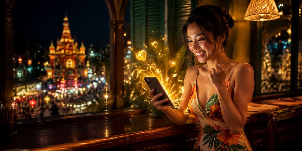 Người dùng tại Nha Trang ngồi uống cà phê truy cập casino app trên điện thoại