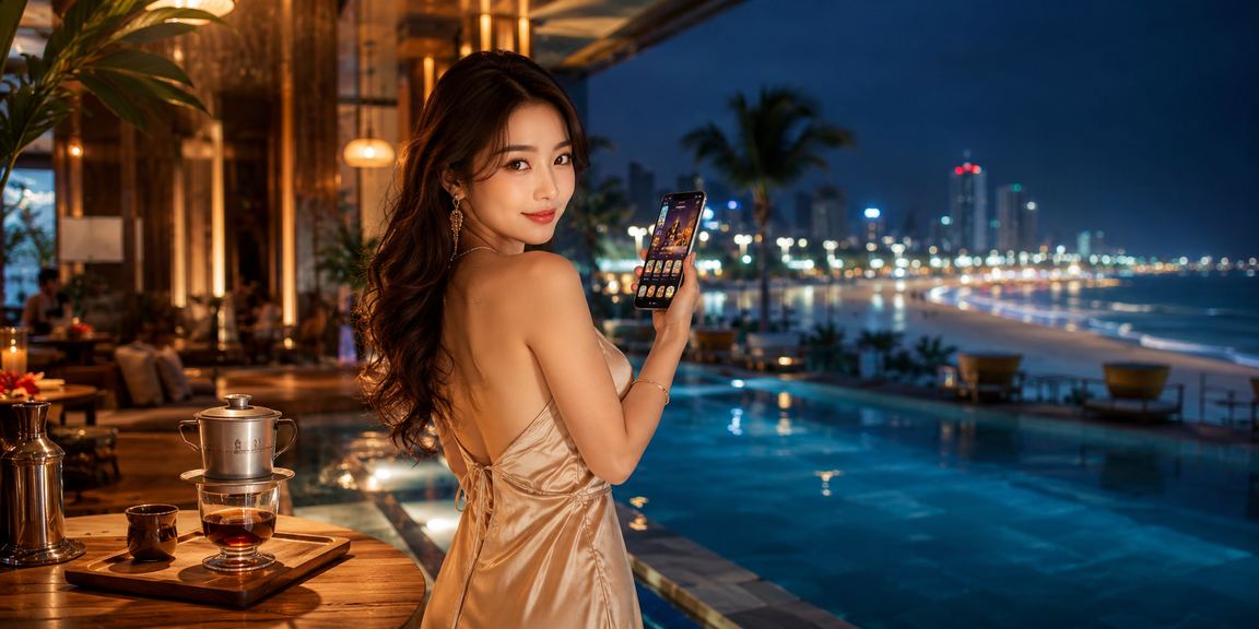 Người dùng tại Vũng Tàu sử dụng app casino trên điện thoại với ly cà phê